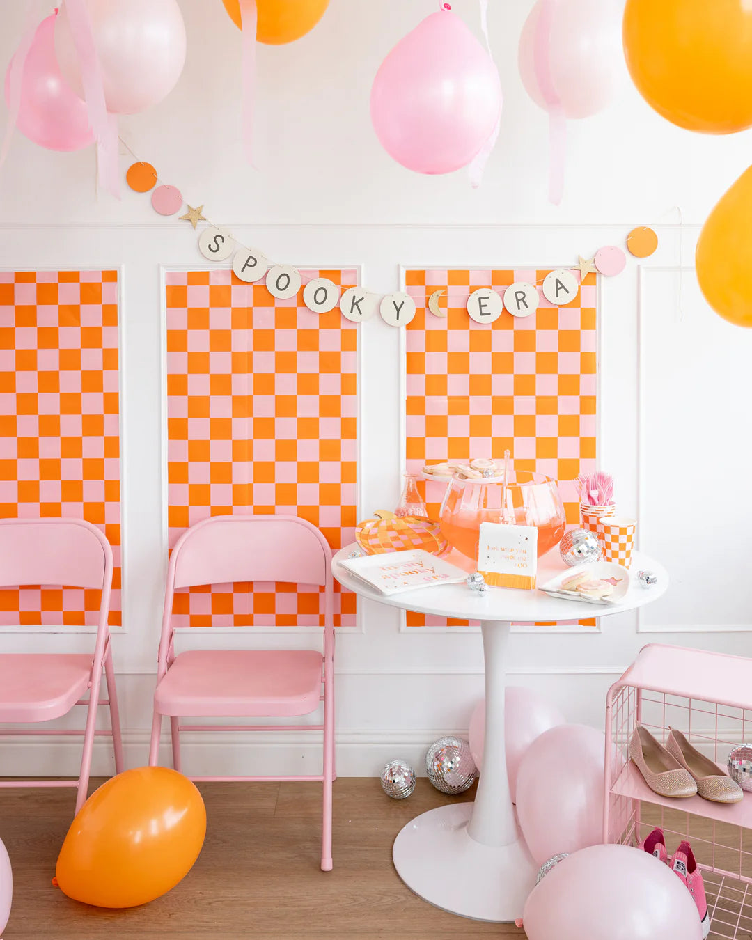 Pink and Orange Checked Paper Table Runner