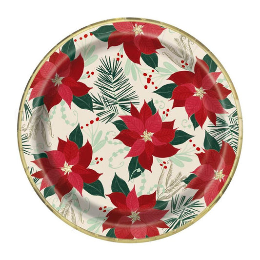 Red & Gold Poinsettia Round Dinner Plates
